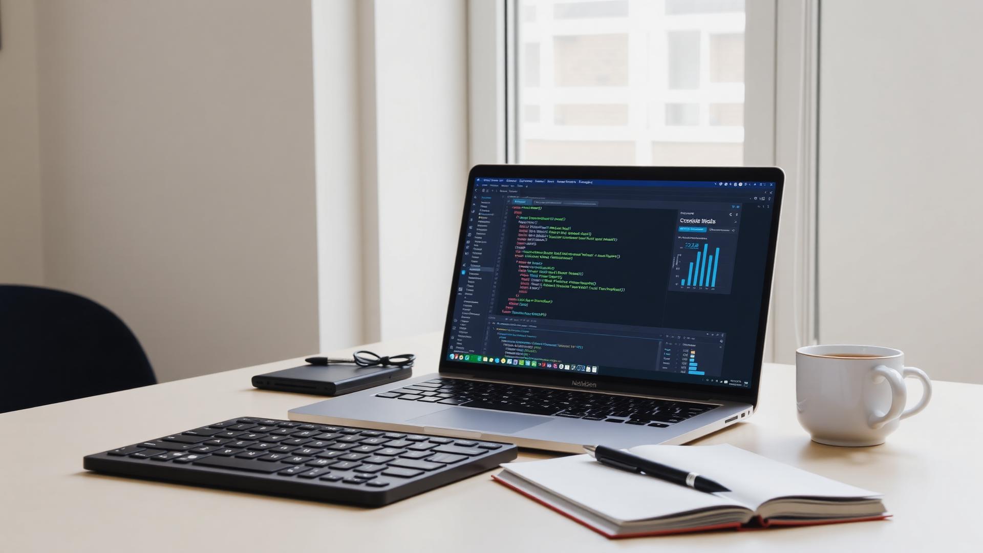 Notebook com código e teclado em mesa de trabalho